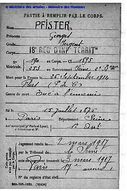Georges Pfister, mort au champ d'honneur le 26 septembre 1914.