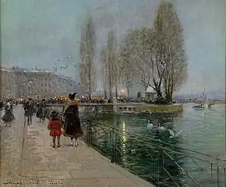 Genève. Journée d'hiver au lac Léman (Île Rousseau), huile sur toile, 55&nbsp;×&nbsp;65&nbsp;cm.