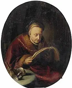 Entourage de Gérard Dou, Vieille femme lisant un livre, vers 1670, collection particulière.