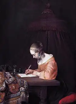 Gerard Ter Borch, Femme écrivant une lettre, vers 1655, 38&nbsp;×&nbsp;29&nbsp;cm, La Haye, Mauritshuis.