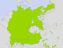 Carte de l'Europe de 1910 où apparaissent en couleur l'Allemagne, l'Autriche et de nombreuses zones éparpillées dans la région.