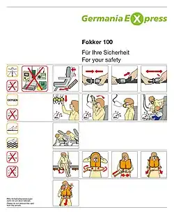 Image d'une carte blanche aux écritures noires, avec le logo de la compagnie écrit en vert en haut à droite. Elle représente des pictogrammes indiquant ce qui est interdit lors du vol ou l'utilisation de la ceinture de sécurité par exemple, ainsi que diverses situations pouvant survenir en cas d'urgence, comme l'utilisation du masque à oxygène ou la position de sécurité.