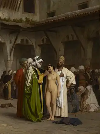 tableau XIXe : une femme nue entourée d'hommes en costume oriental