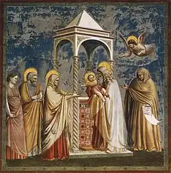 Anne (à droite) lors de la présentation de Jésus au Temple (œuvre de Giotto, chapelle Scrovegni à Padoue).