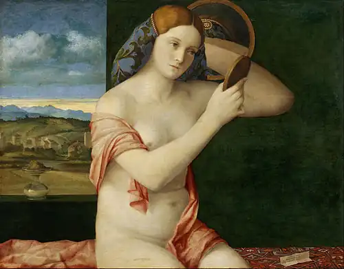 Jeune femme nue au miroir, 1515, huile / toile, 62&nbsp;×&nbsp;79&nbsp;cm. Musée d'histoire de l'art de Vienne
