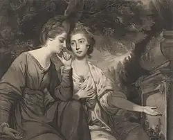 gravure en noir et blanc, deux femmes en buste à gauche dont l'une désigne une stèle à droite