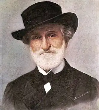 Portrait de Verdi réalisé vers 1895 par l'artiste vénitienne Bice Lombardini et conservé au musée des instruments de musique du Conservatoire Giuseppe Verdi de Turin