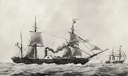 navire à voile et à vapeur vu de côté, un navire à voile est présent en fond