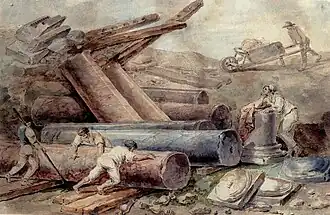 Trois ouvriers déplacent une colonne du château de Meudon. Hubert Robert, vers 1804. Musées de Weimar, Schossmuseum, KK 9110.