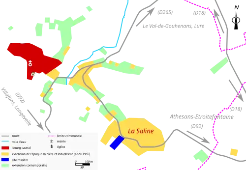 Vue d'une carte en couleur représentant les étapes de développement du bâti d'un bourg.
