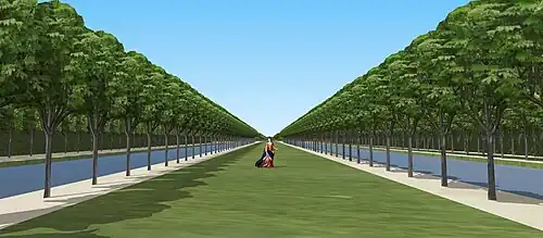 Restitution de l'allée entre les canaux des jardins du château de Gournay-sur-Aronde, Oise, XVIIIe siècle.