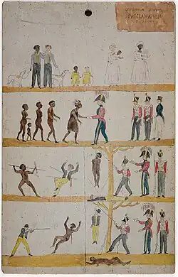 Proclamation du Gouverneur Arthur aux Aborigènes, vers 1828-30, huile sur planche de pin huon