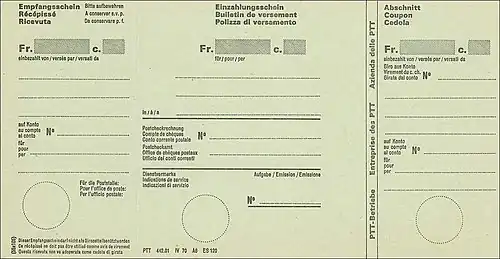Bulletin de versement vert à trois volets, de 1906 à 1986