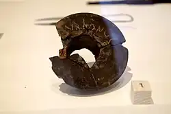 Photographie en couleurs d'un anneau de terre cuite sur lequel est gravé le mot VRBANVS.