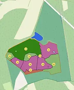 Découpage en 4 zones principales (1, 2, 3 et 4) de la réserve biologique des Grandes Landes de Trébédan.