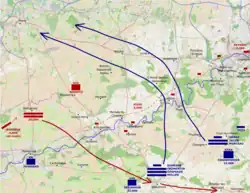 Plans de campagne coalisés et français sur la Sambre en mai 1794. On y voit les itinéraires des divisions françaises ( objectif : Mons ) et des divisions austro-néerlandaises ( objectif : Beaumont )