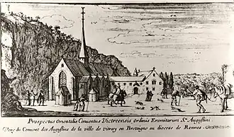 Le couvent des Augustins dans le faubourg médiéval du Bourg-aux-Moines. Gravure du XVIIe&nbsp;siècle.