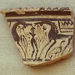 Poterie géométrique grecque, VIIIe&nbsp;siècle&nbsp;av. J.-C. Sacrifice de chevaux.