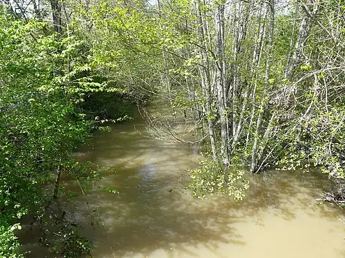 Le Grolet en crue,au pont de la RD 3, en limite de Saint-Laurent-des-Hommes (à gauche) et Saint-Martin-l'Astier (mai 2012).