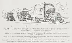 Gravure au trait figurant trois camions en train de rouler devant des arbres.