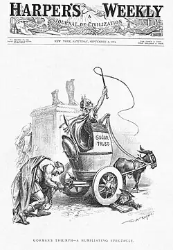 Cleveland portant une toge est traîné derrière un char antique portant l'inscription « Sugar Trust ».