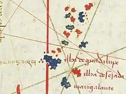 Les îles de Guadeloupe identifiées et nommées (Ilha de Guadalupe, Ilha Desejada, Marígalante et Todos Santos), planisphère de Cantino, 1502.