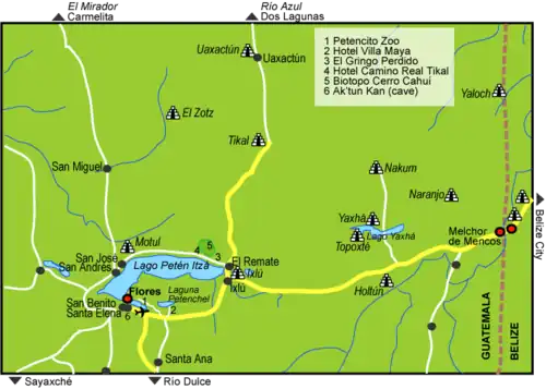 Carte du lac Petén Itzá, montrant la location d'Ixlú