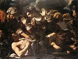 Herminie découvre Tancrède blessé. Tableau de Guercino.