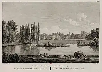 Gravure du château de Guiscard et son parc au début du  XIXe&nbsp;siècle (tirée de l'ouvrage d'Alexandre de Laborde, Description des nouveaux jardins de la France, Paris, 1808)..