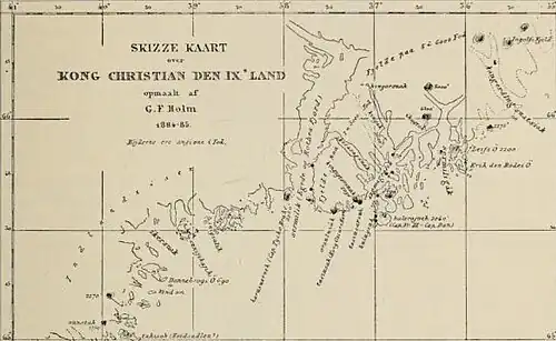 Carte en noir et blanc et légendée représentant une partie du littoral d'une île.