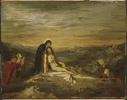 La vierge recueille le Christ, étendu sur un linceul. Des personnages de part et d'autre de la scène prient.