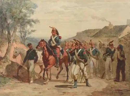 Militaires en campagne, aquarelle, vers 1890.