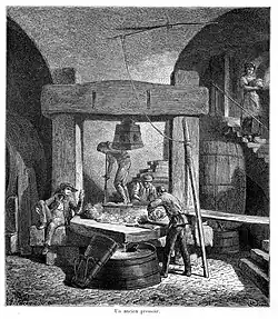 Un ancien pressoir, illustration du Chanson du Vigneron, Suisse, 1869, dessin G.Roux, gravure G. Perrichon.