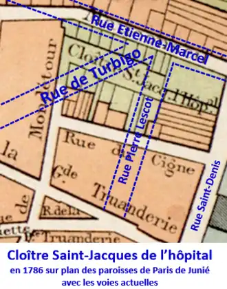 Hôpital St-Jacques sur plan Junié de 1786 avec les voies actuelles