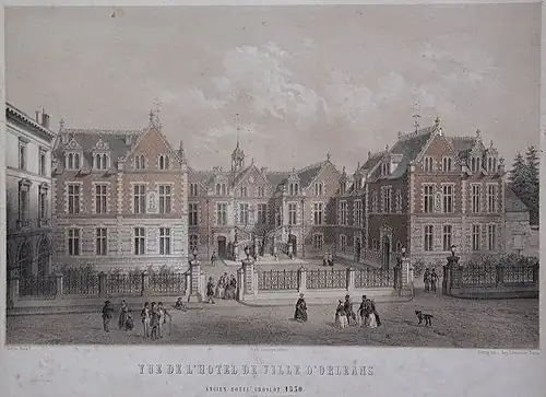 Vue de l'hôtel de ville d'Orléans. Ancien hôtel Groslot, lithographie, Châteauneuf-sur-Loire, musée de la Marine de Loire.