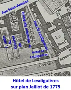 En 1775, l'hôtel est réduit. La partie ouest du jardin est réuni au couvent de la Visitation. Des maisons bordent la nouvelle rue