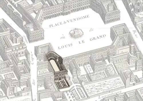 Situation de l'hôtel d'Évreux sur la place Vendôme, sur le plan de Turgot (1734-1737). Le nord est à gauche.