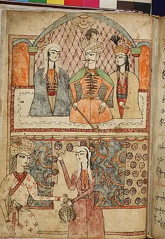 enluminure divisée en deux parties ; sur la partie supérieure, un roi vêtu à l'indienne assis dans son palais entre deux femmes ; en bas, l'une des deux femmes confie un objet à un chevalier