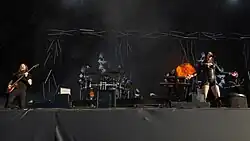 Cinq membres d'un groupe de rock jouant devant des écrans