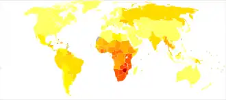 Une carte du monde où la majeure partie est colorée en jaune ou orange sauf pour l’Afrique subsaharienne qui est colorée en rouge ou rouge foncé