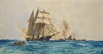 Navire à trois mâts attaqué par un sous-marin noir, avec une explosion de fumée et d'éclairs. Peinture à l'aquarelle, style réaliste, représentant une scène historique du XIXe&nbsp;siècle.