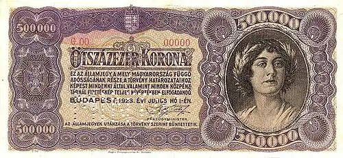 Billet de banque de 500&nbsp;000 couronnes hongroises pendant l'hyperinflation, type 1923