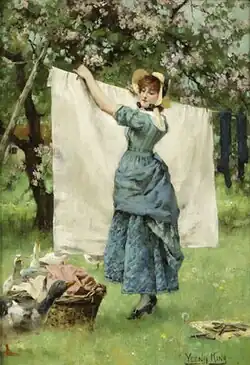 Étendre le linge pour le faire sécher. tableau Les Oies curieuses par Henry John Yeend King)