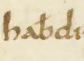 Le ƀ en vieux saxon dans haƀdi dans le manuscrit M du Heliand, IXe&nbsp;siècle.