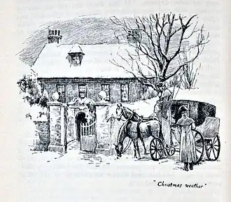 Gravure. Une voiture attelée attend sous la neige devant une maison