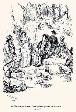 Gravure. Personnages assis autour des victuailles au cours d'un pique-nique