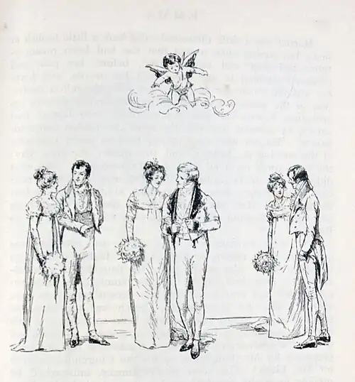 Trois couples survolés par un petit Éros