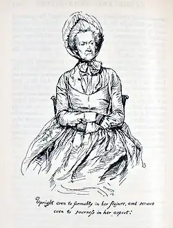 gravure. Une femme rigide, assise les bras croisés, portant coiffe et mitaines