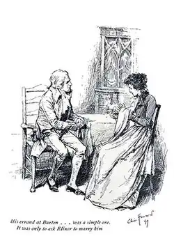 Gravure N&B. Assis face à une jeune fille qui brode ou coud, un jeune homme lui parle