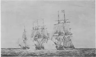 Gravure en noir et blanc de 3 navires de guerre aux voiles déployées.
